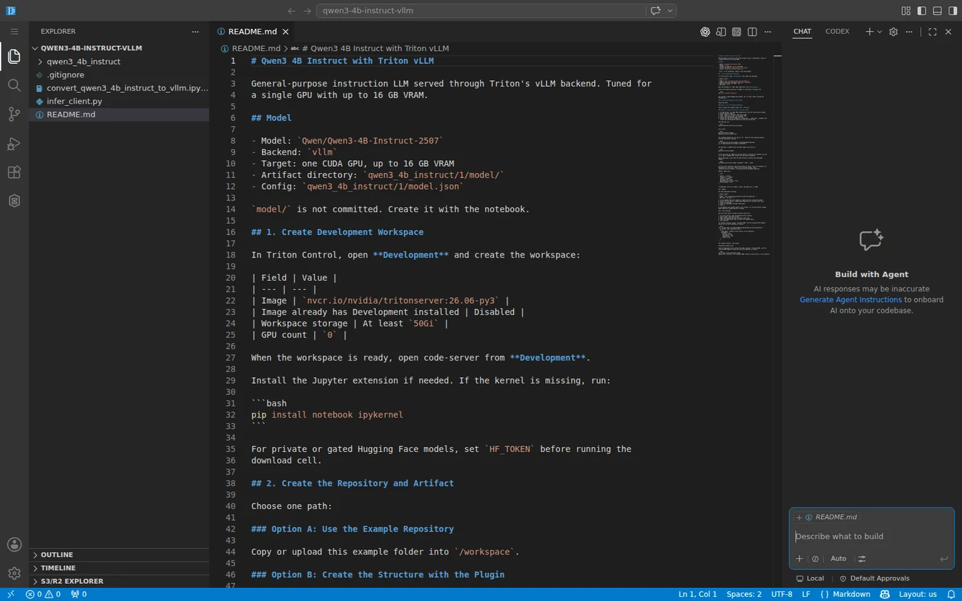 Self-hosted code-server workspace running on Triton Control with a model deployment README open